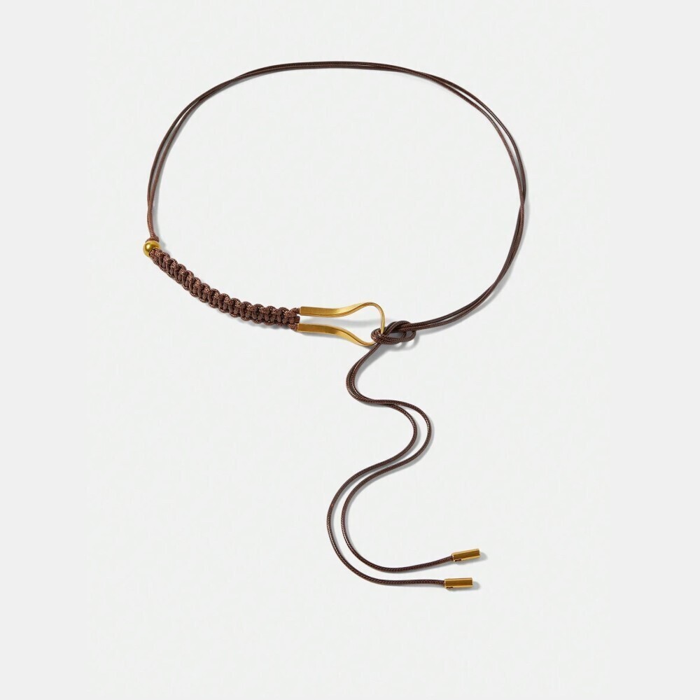Brown Woven Cord Belt With Gold Hook Buckle